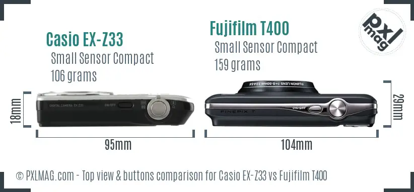 Casio EX-Z33 vs Fujifilm T400 top view buttons comparison