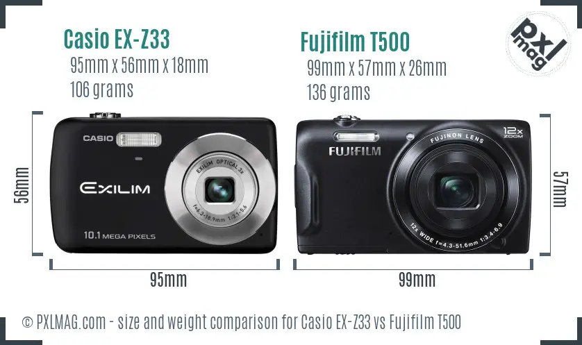Casio EX-Z33 vs Fujifilm T500 size comparison