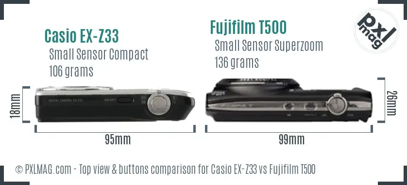 Casio EX-Z33 vs Fujifilm T500 top view buttons comparison