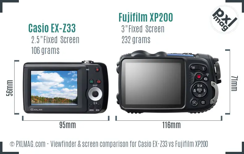 Casio EX-Z33 vs Fujifilm XP200 Screen and Viewfinder comparison