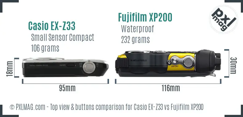 Casio EX-Z33 vs Fujifilm XP200 top view buttons comparison