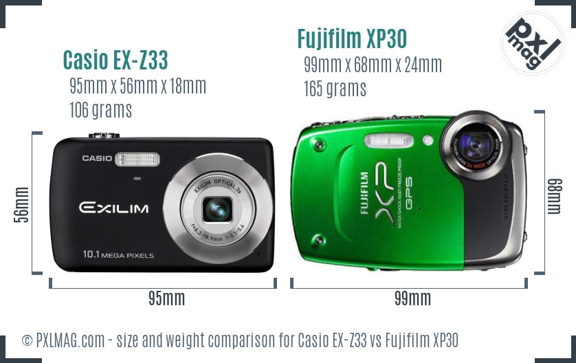 Casio EX-Z33 vs Fujifilm XP30 size comparison