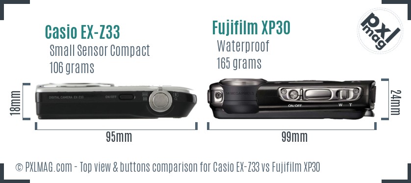 Casio EX-Z33 vs Fujifilm XP30 top view buttons comparison