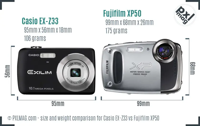 Casio EX-Z33 vs Fujifilm XP50 size comparison Casio EX-Z33 vs Fujifilm XP50 size comparison