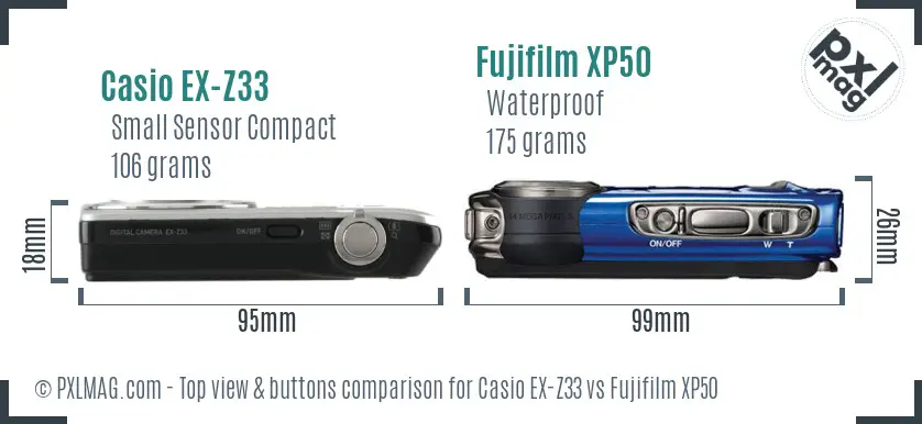 Casio EX-Z33 vs Fujifilm XP50 top view buttons comparison Casio EX-Z33 vs Fujifilm XP50 top view buttons comparison