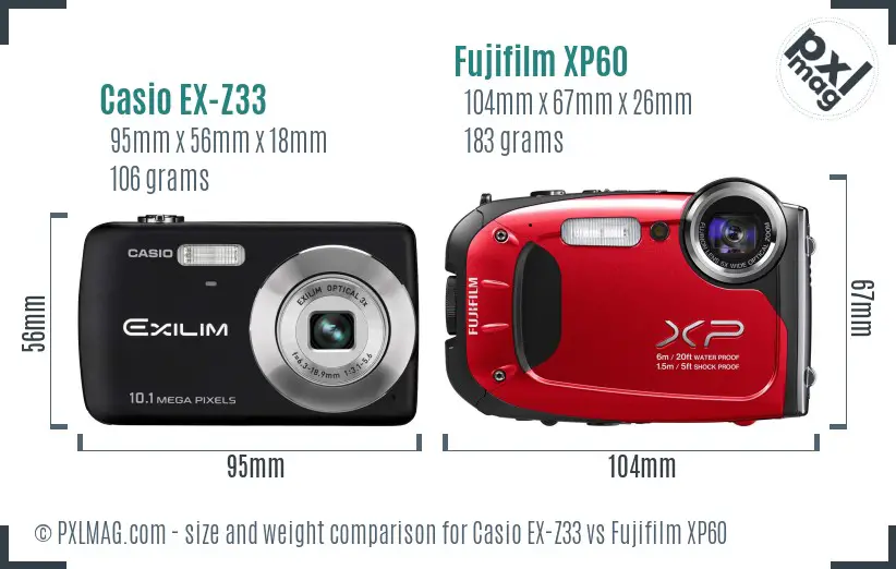 Casio EX-Z33 vs Fujifilm XP60 size comparison Casio EX-Z33 vs Fujifilm XP60 size comparison