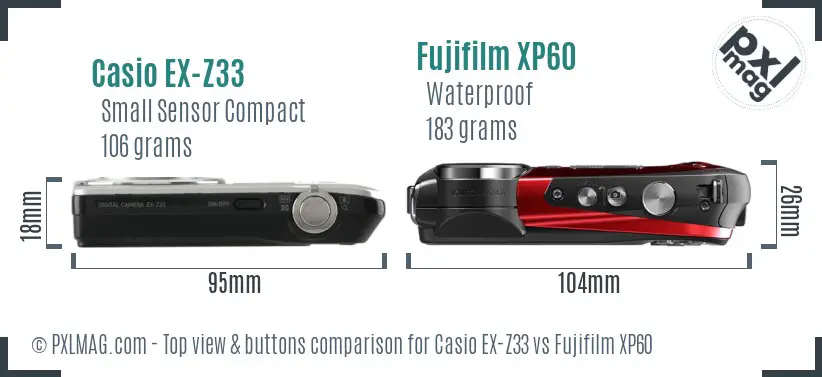 Casio EX-Z33 vs Fujifilm XP60 top view buttons comparison Casio EX-Z33 vs Fujifilm XP60 top view buttons comparison