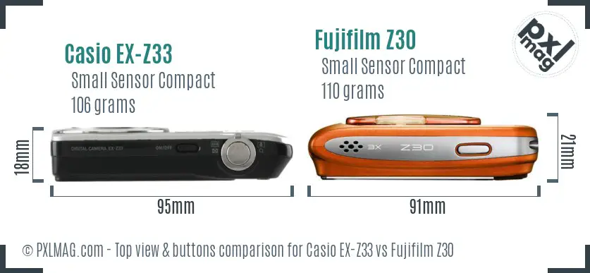 Casio EX-Z33 vs Fujifilm Z30 top view buttons comparison