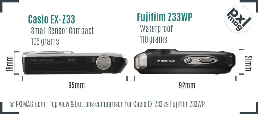 Casio EX-Z33 vs Fujifilm Z33WP top view buttons comparison Casio EX-Z33 vs Fujifilm Z33WP top view buttons comparison