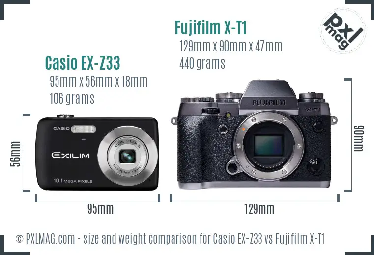 Casio EX-Z33 vs Fujifilm X-T1 size comparison