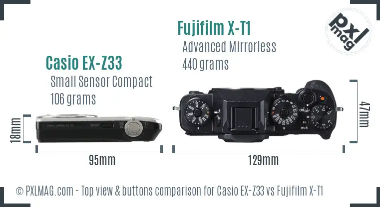 Casio EX-Z33 vs Fujifilm X-T1 top view buttons comparison