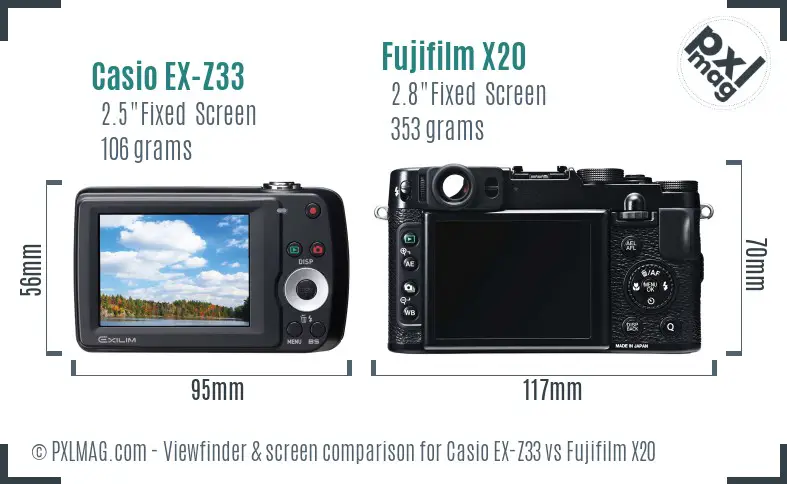 Casio EX-Z33 vs Fujifilm X20 Screen and Viewfinder comparison