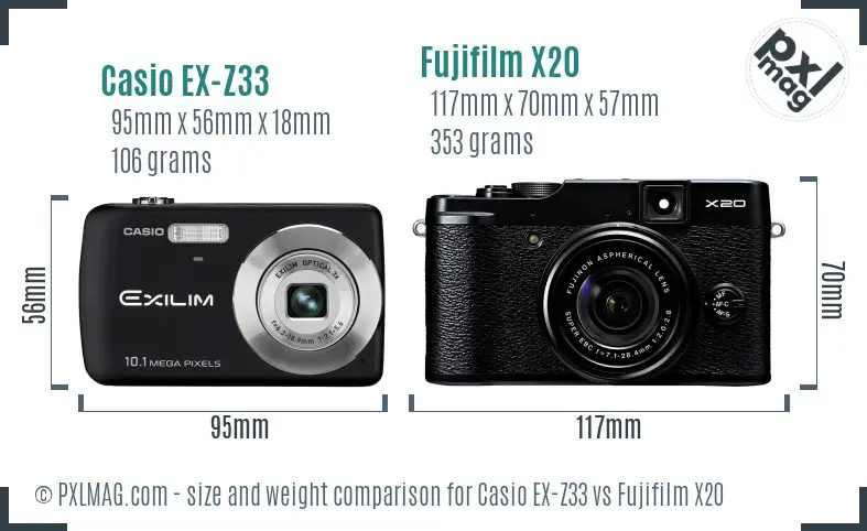 Casio EX-Z33 vs Fujifilm X20 size comparison
