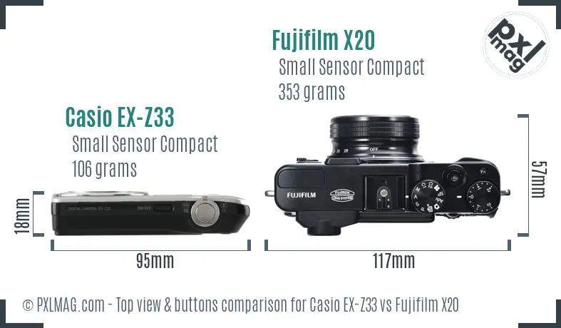 Casio EX-Z33 vs Fujifilm X20 top view buttons comparison