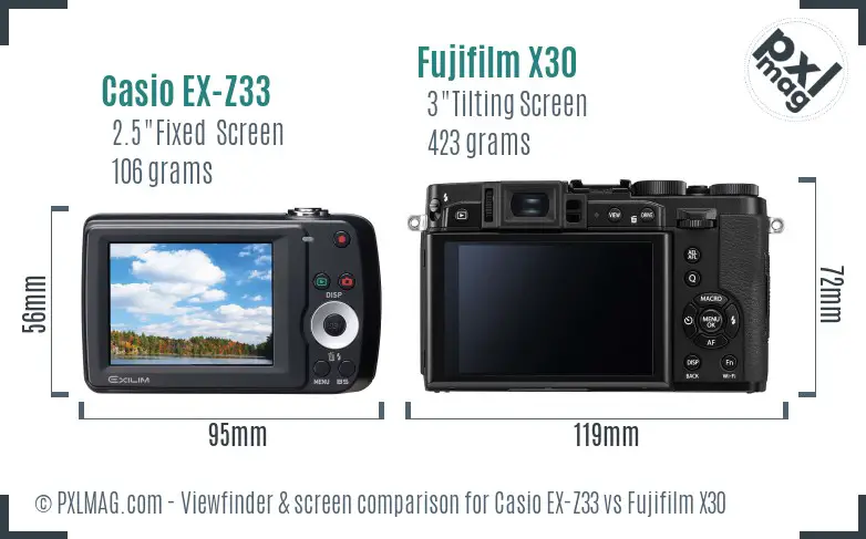 Casio EX-Z33 vs Fujifilm X30 Screen and Viewfinder comparison