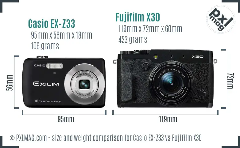 Casio EX-Z33 vs Fujifilm X30 size comparison