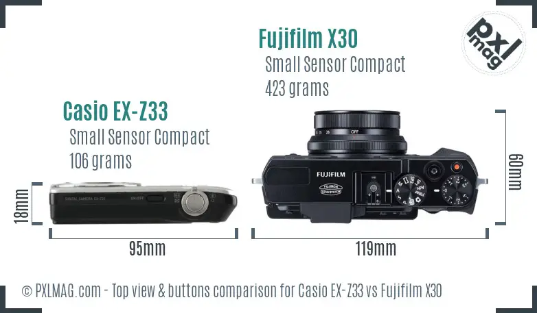 Casio EX-Z33 vs Fujifilm X30 top view buttons comparison