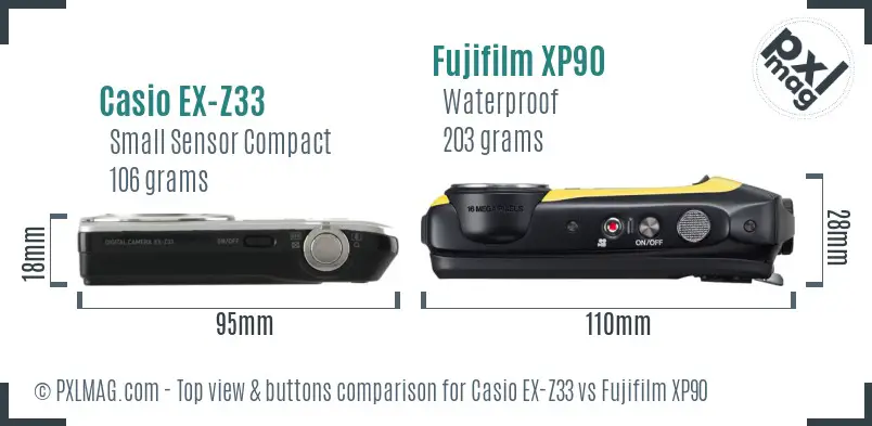 Casio EX-Z33 vs Fujifilm XP90 top view buttons comparison