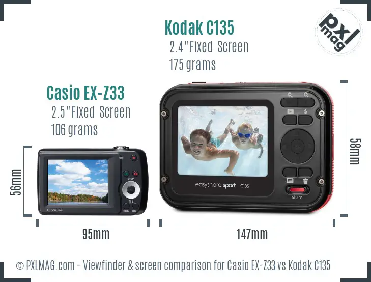 Casio EX-Z33 vs Kodak C135 Screen and Viewfinder comparison