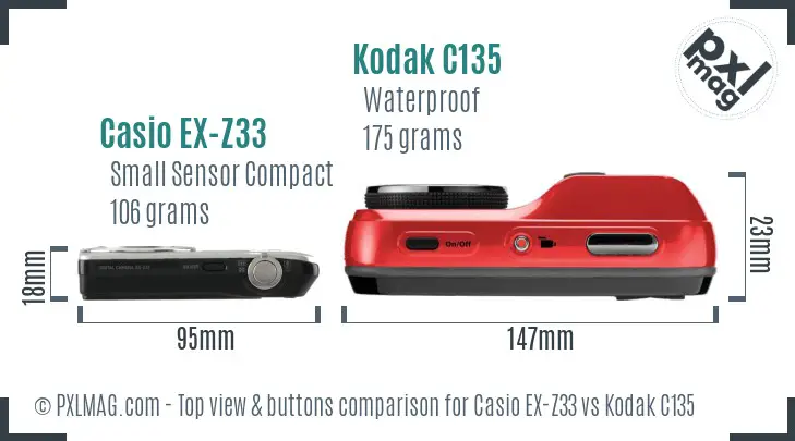 Casio EX-Z33 vs Kodak C135 top view buttons comparison
