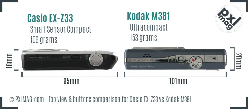 Casio EX-Z33 vs Kodak M381 top view buttons comparison