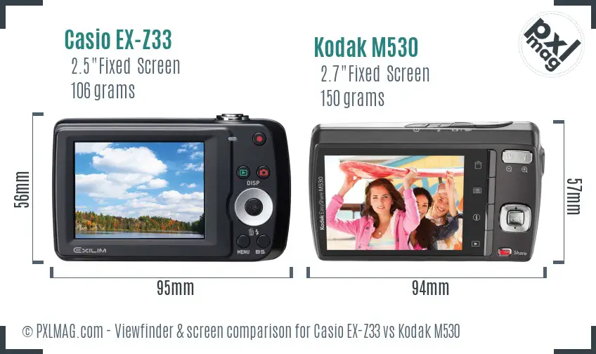 Casio EX-Z33 vs Kodak M530 Screen and Viewfinder comparison
