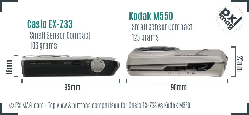 Casio EX-Z33 vs Kodak M550 top view buttons comparison Casio EX-Z33 vs Kodak M550 top view buttons comparison