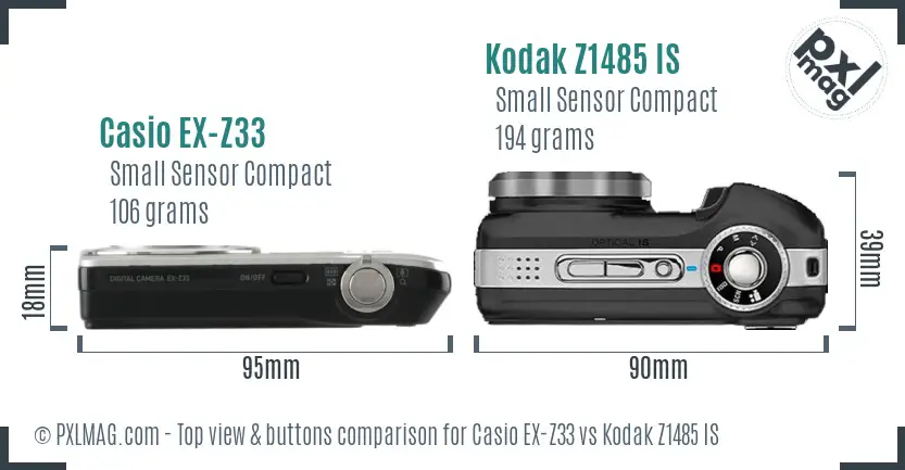 Casio EX-Z33 vs Kodak Z1485 IS top view buttons comparison Casio EX-Z33 vs Kodak Z1485 IS top view buttons comparison