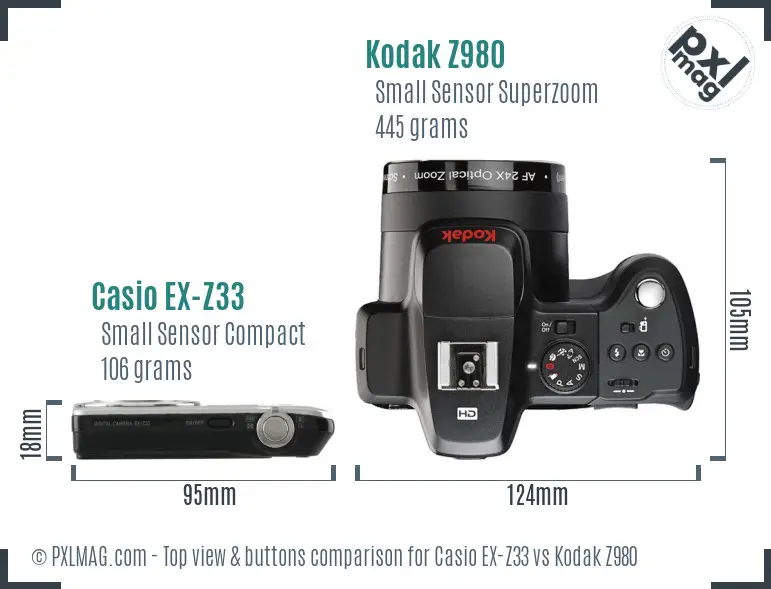 Casio EX-Z33 vs Kodak Z980 top view buttons comparison