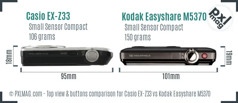 Casio EX-Z33 vs Kodak Easyshare M5370 top view buttons comparison