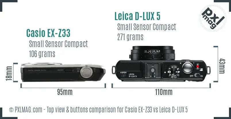 Casio EX-Z33 vs Leica D-LUX 5 top view buttons comparison