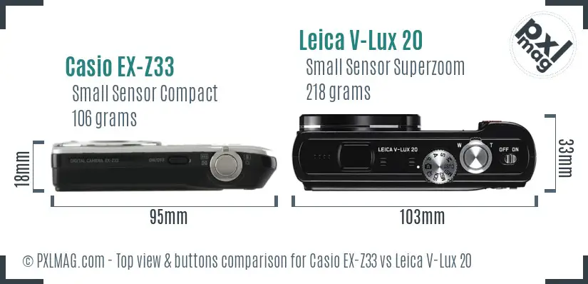 Casio EX-Z33 vs Leica V-Lux 20 top view buttons comparison Casio EX-Z33 vs Leica V-Lux 20 top view buttons comparison