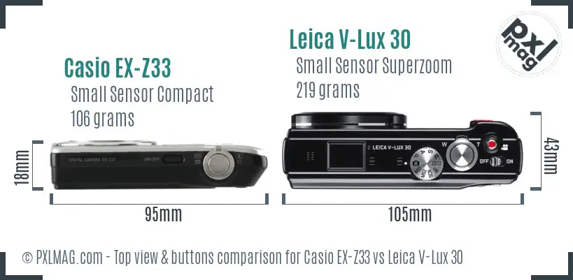 Casio EX-Z33 vs Leica V-Lux 30 top view buttons comparison
