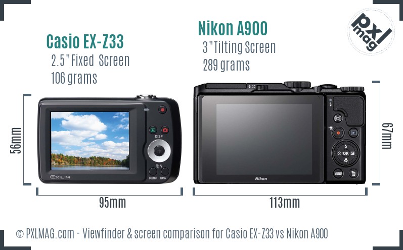 Casio EX-Z33 vs Nikon A900 Screen and Viewfinder comparison