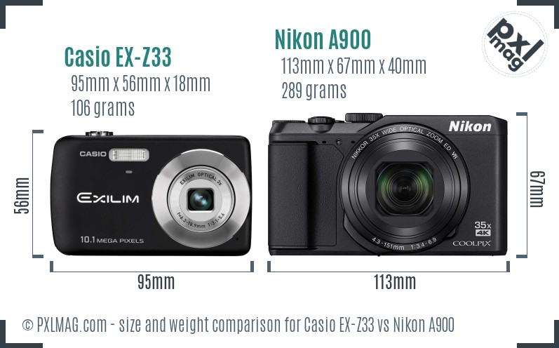 Casio EX-Z33 vs Nikon A900 size comparison