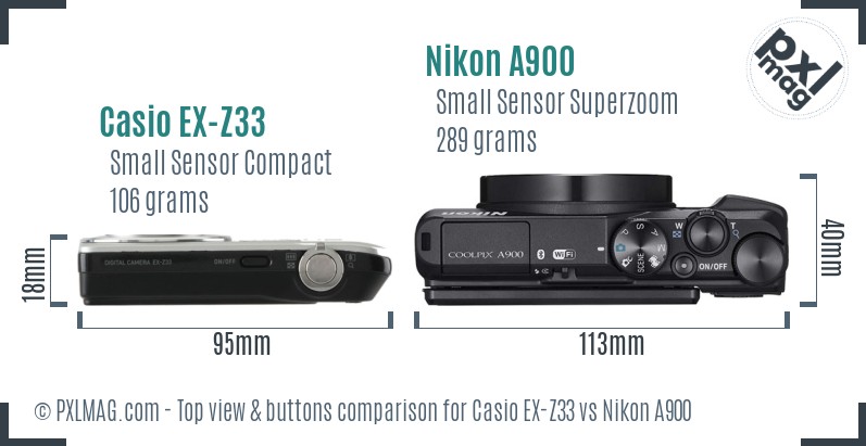 Casio EX-Z33 vs Nikon A900 top view buttons comparison