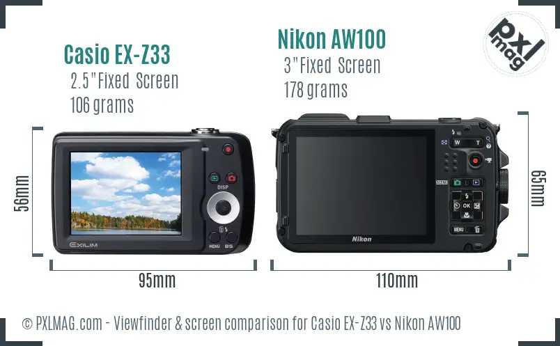 Casio EX-Z33 vs Nikon AW100 Screen and Viewfinder comparison