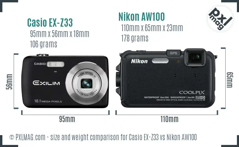 Casio EX-Z33 vs Nikon AW100 size comparison