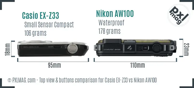 Casio EX-Z33 vs Nikon AW100 top view buttons comparison
