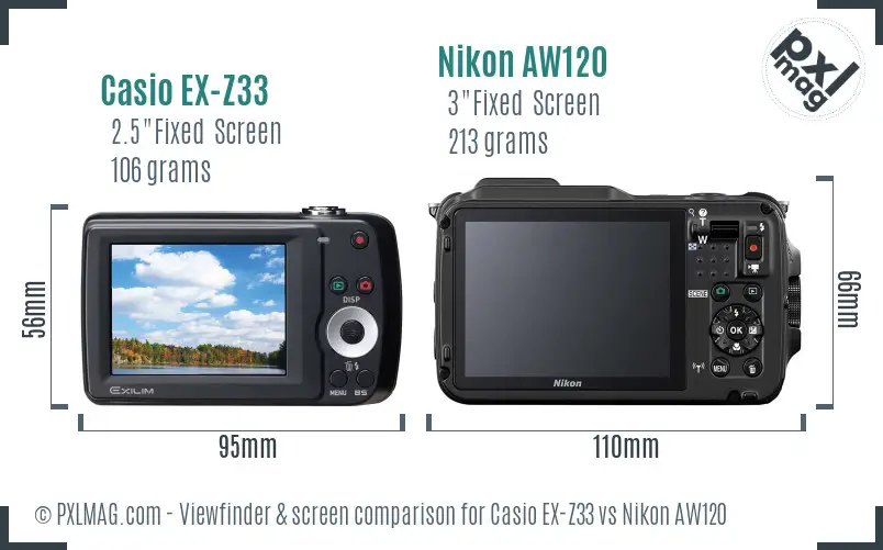 Casio EX-Z33 vs Nikon AW120 Screen and Viewfinder comparison