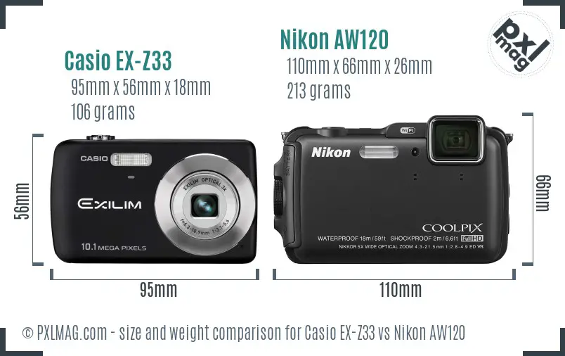 Casio EX-Z33 vs Nikon AW120 size comparison Casio EX-Z33 vs Nikon AW120 size comparison