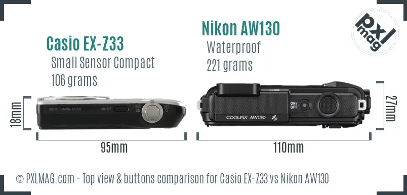 Casio EX-Z33 vs Nikon AW130 top view buttons comparison Casio EX-Z33 vs Nikon AW130 top view buttons comparison