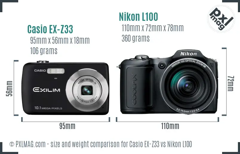 Casio EX-Z33 vs Nikon L100 size comparison