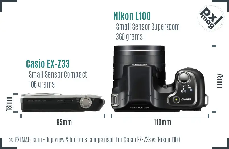 Casio EX-Z33 vs Nikon L100 top view buttons comparison