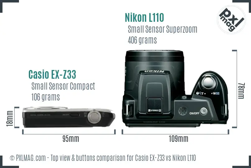 Casio EX-Z33 vs Nikon L110 top view buttons comparison