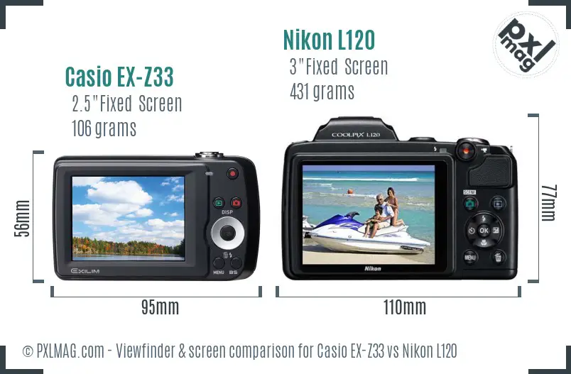 Casio EX-Z33 vs Nikon L120 Screen and Viewfinder comparison