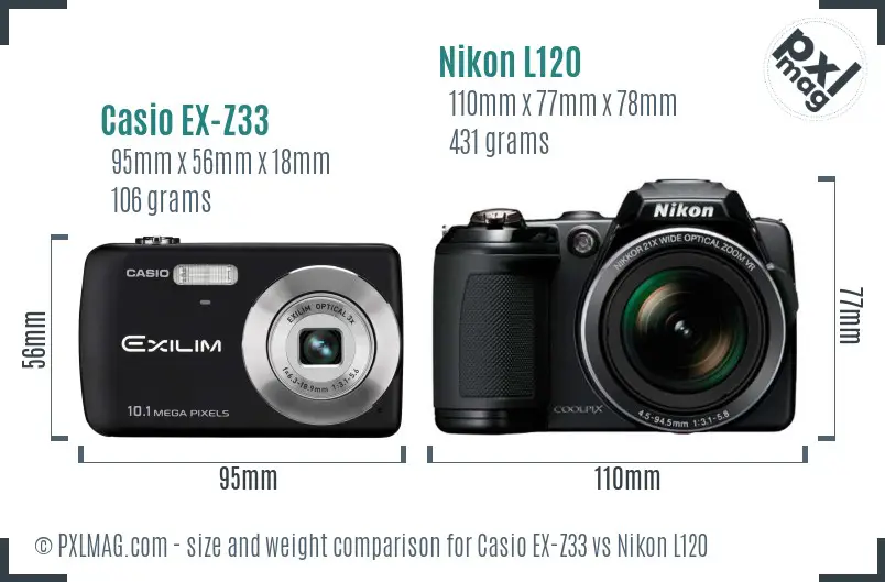 Casio EX-Z33 vs Nikon L120 size comparison