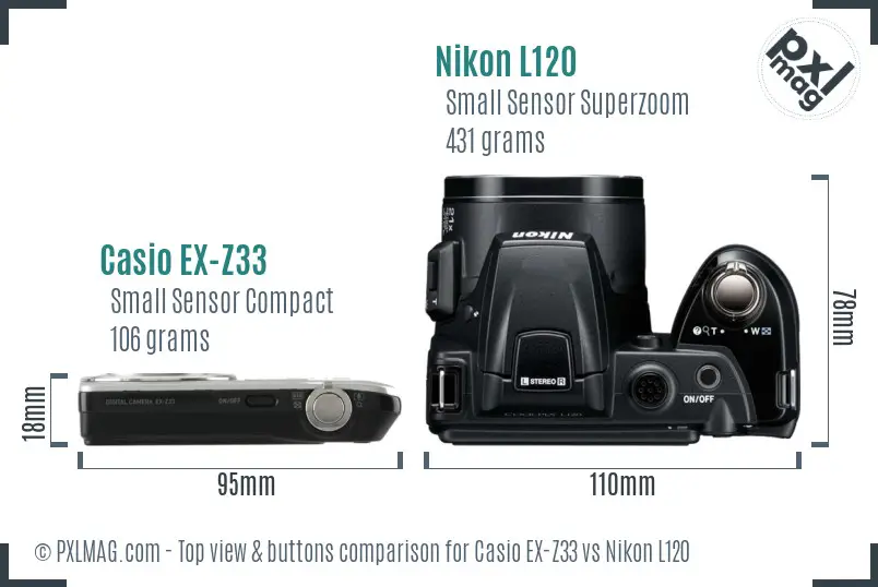 Casio EX-Z33 vs Nikon L120 top view buttons comparison