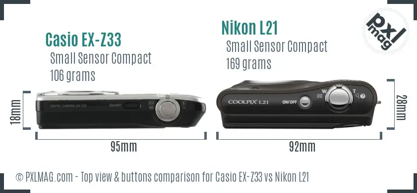 Casio EX-Z33 vs Nikon L21 top view buttons comparison