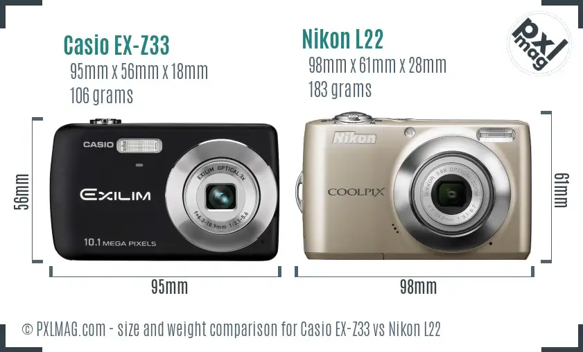 Casio EX-Z33 vs Nikon L22 size comparison